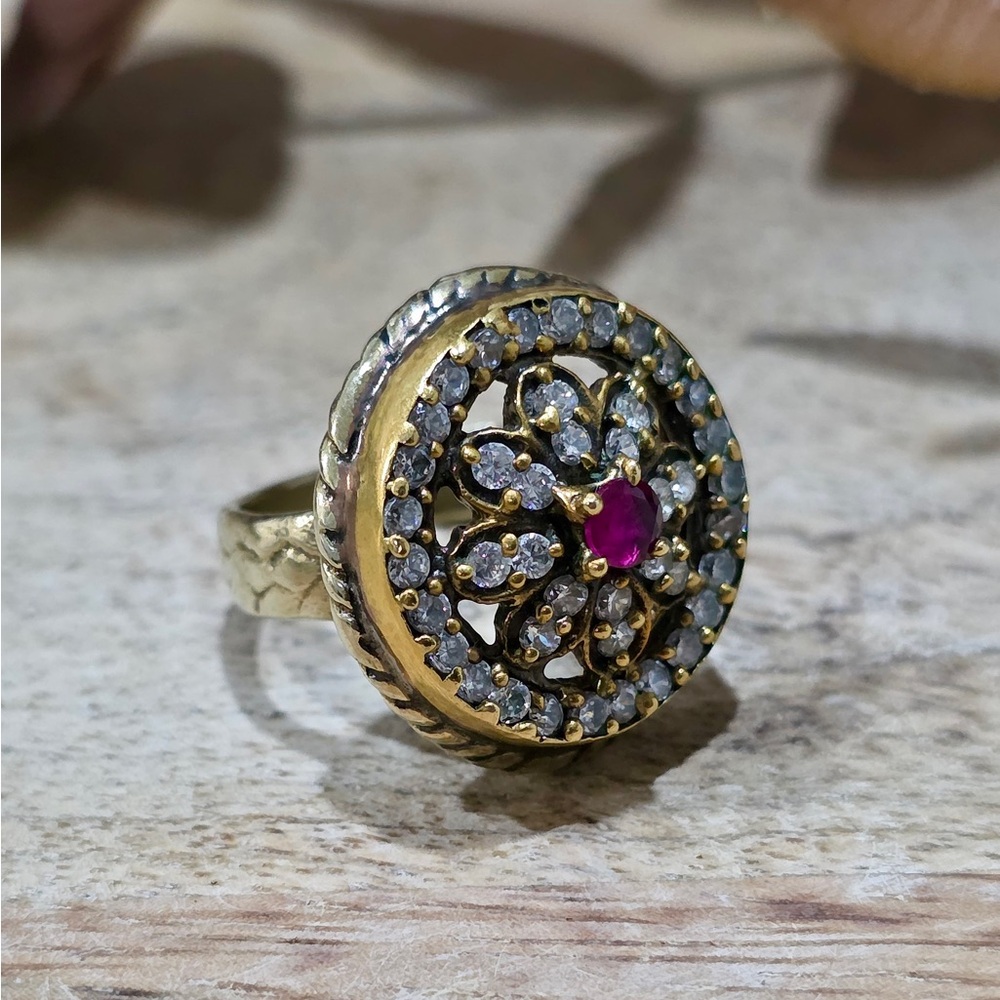 Vintage Ottoman Revival Sterling Silver & Vermeil Ruby Cluster Ring - Picture 5 of 8